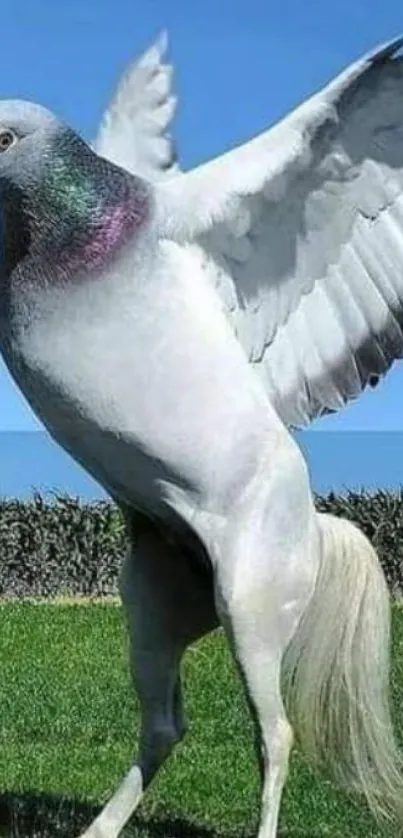 Surreal hybrid pigeon with horse body on a vibrant landscape.