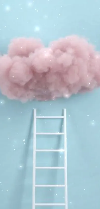 Pink cloud and ladder against a blue sky in a dreamy wallpaper.