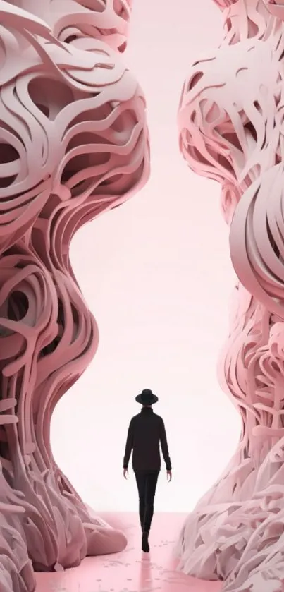 Person walking through a surreal pink 3D dreamscape.