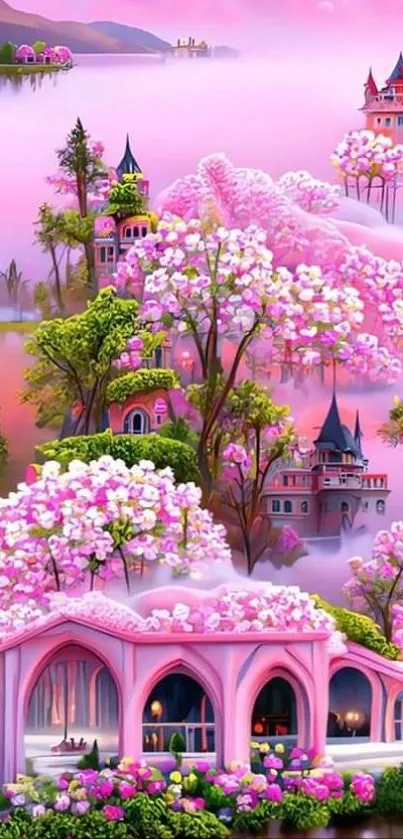 Surreal pink fantasy landscape with castles and flowers.