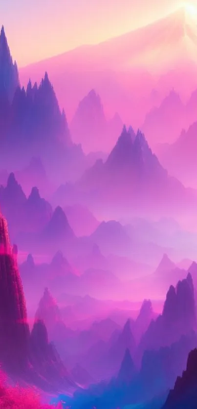 Vibrant surreal pink mountain landscape with misty peaks.