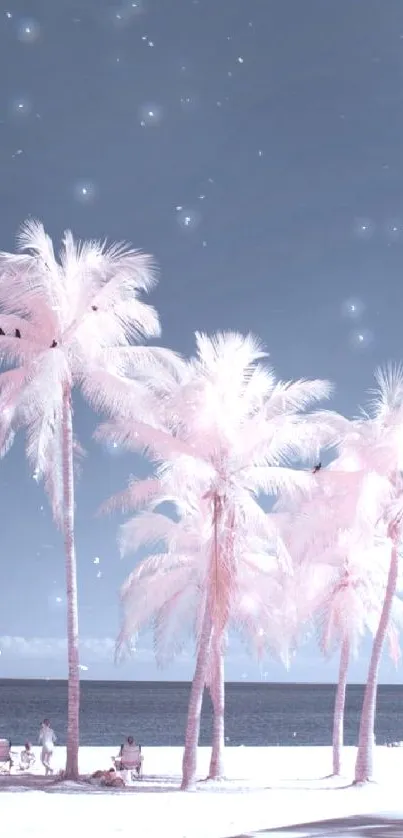 Pink-tinted palm trees on a surreal beach under a pastel sky.