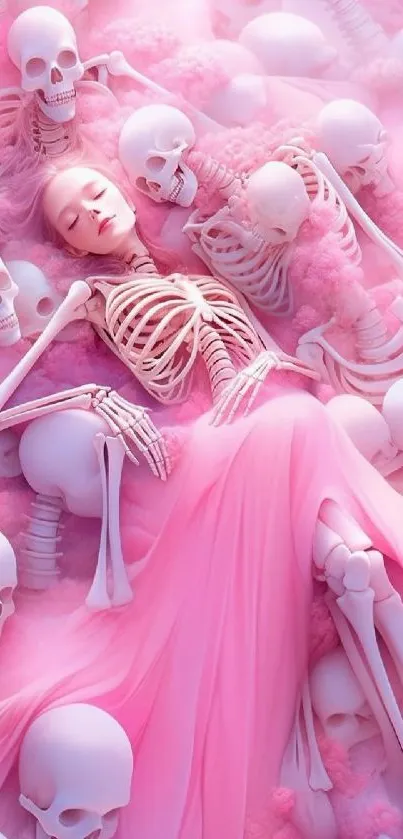 A surreal pink wallpaper featuring skeletons in a dreamy artistic arrangement.