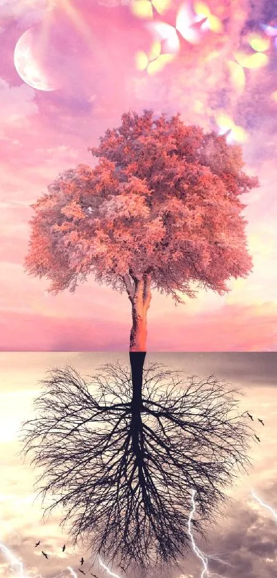 Surreal pink tree with roots and pastel sky in a dreamy landscape wallpaper.