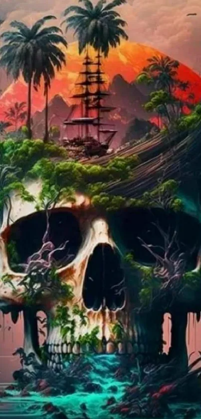 Surreal pirate skull island wallpaper with vivid colors.