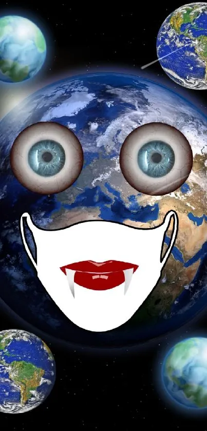 Surreal Earth with eyes and lips on a dark background.