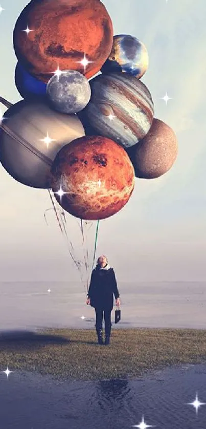 Surreal planets as balloons in a dreamy landscape.