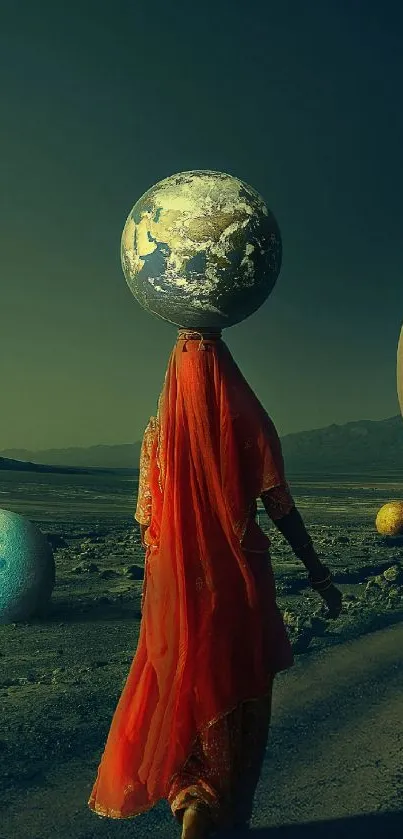 Surreal figure with planet head in cosmic landscape wallpaper.