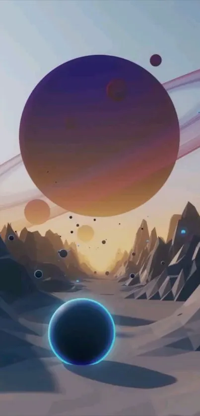 Surreal landscape with colorful planets and geometric hills.