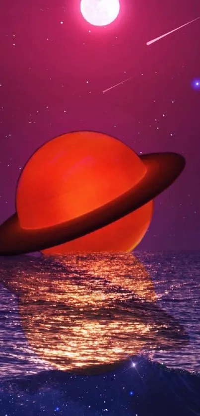 Surreal purple ocean wallpaper with a glowing red planet under a pink moon.