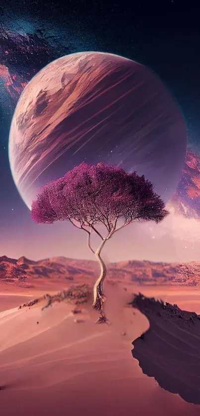 Surreal landscape with purple tree and planet in desert.