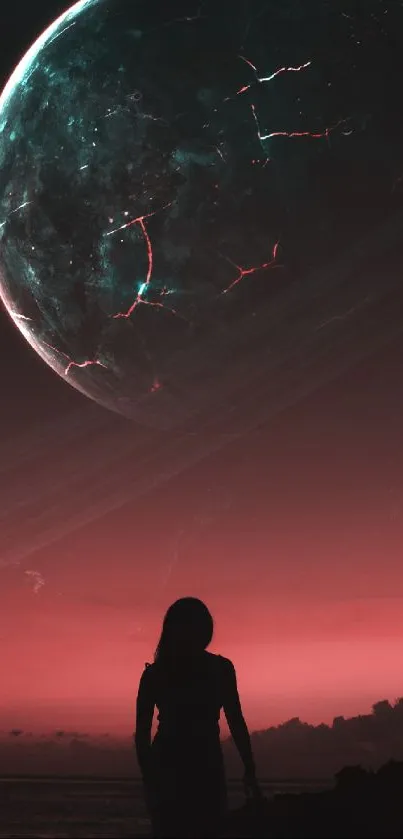 Mystical landscape featuring a large cracked planet with a silhouetted figure at sunset.