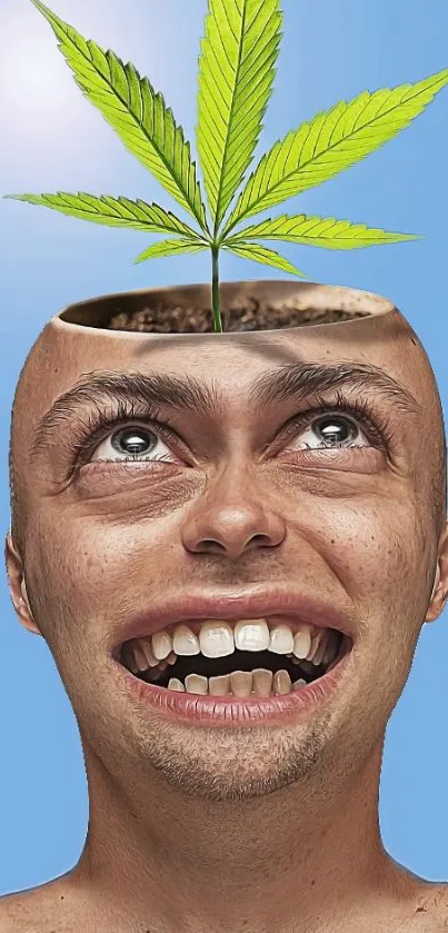 Surreal artwork of a head with a plant against a blue background.