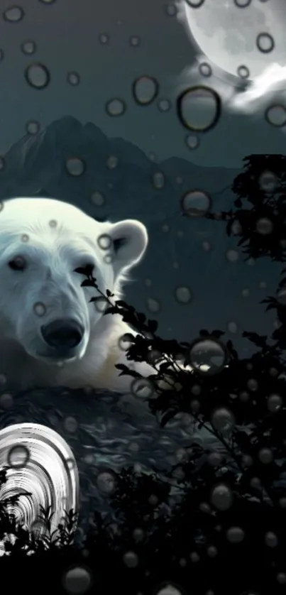 Polar bear with moon in surreal night landscape.