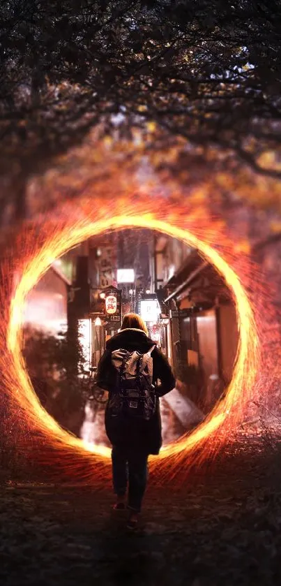 Person approaches glowing portal in a dark forest scene.