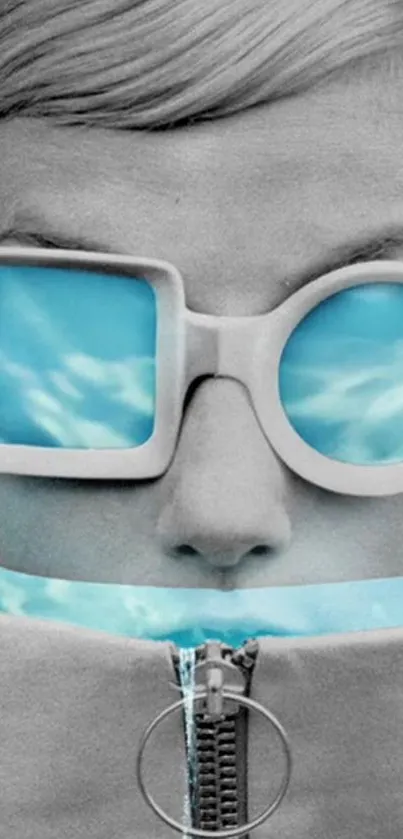 Surreal portrait with blue sky eyeglass reflection, artistic wallpaper design.