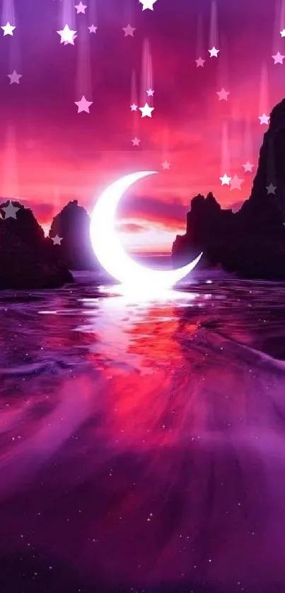 Crescent moon reflecting over a purple ocean and sunset sky.