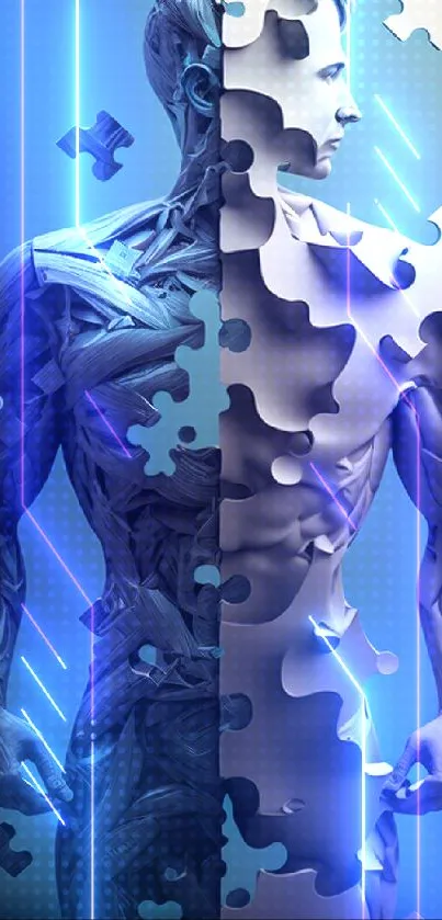 Surreal artwork of human figure with puzzle pieces, teal background