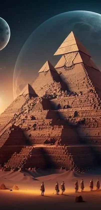 Surreal desert scene with pyramids and moonlit sky.