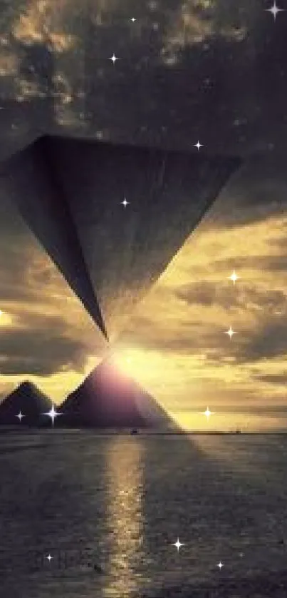 Surreal pyramids beneath a golden sunset sky creating a mysterious landscape.