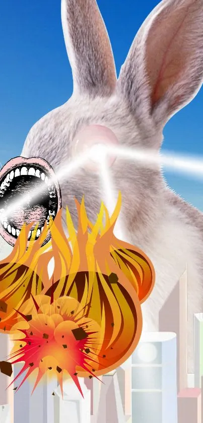 Surreal rabbit with laser eyes and fiery explosion in a cityscape.