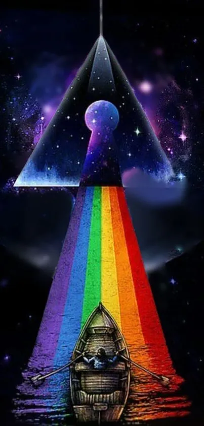 Surreal rainbow light leads a boat through a cosmic scene with a pyramid.