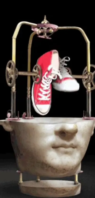 Surreal artwork with red sneaker on a mechanical head.