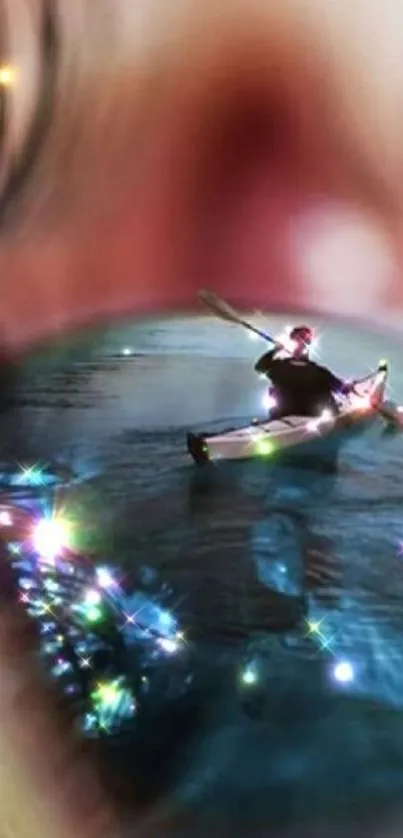 Surreal eye reflection with a kayaker and sparkling lights in a mobile wallpaper.