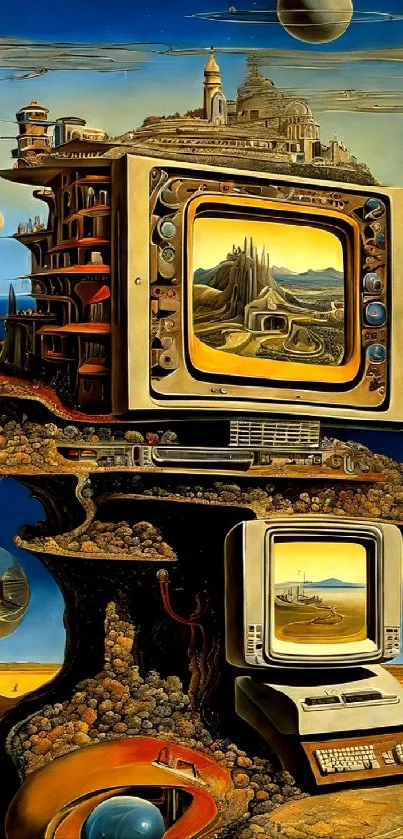 Surrealist artwork featuring retro computers and dreamlike landscapes.