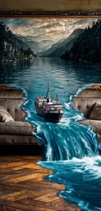 Surreal art with a ship and river flowing into a living room.