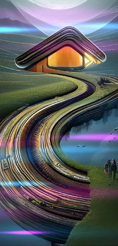 Surreal wallpaper featuring a futuristic house by a river.