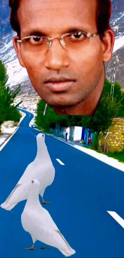 Surreal road with white doves and a floating head.