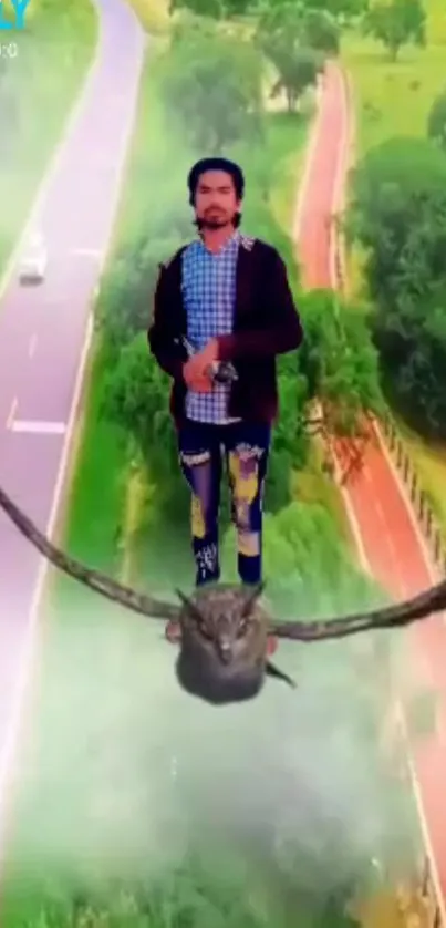 Man on a flying creature above a green road in surreal art.