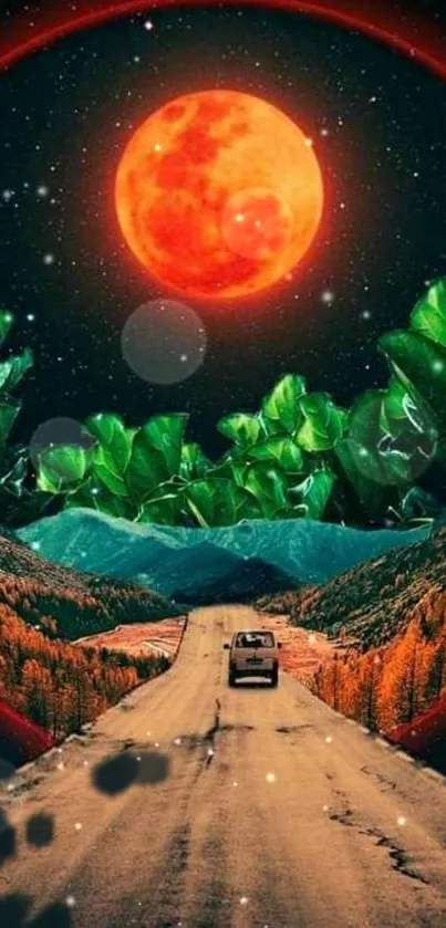 Surreal road under a red moon with green foliage and a starry sky.