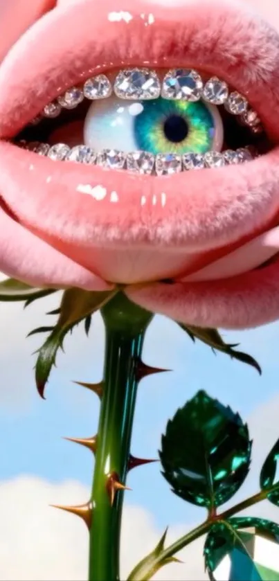 A surreal pink rose with an eye in the center, set against a bright sky.