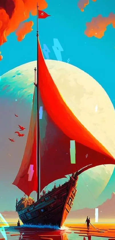 Surreal sailboat with full moon and vibrant sky.