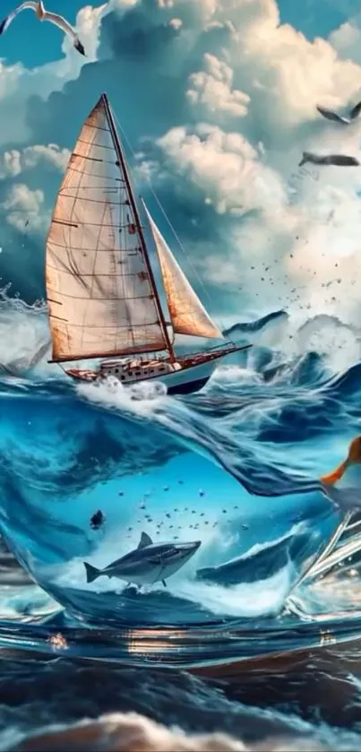 Surreal artwork of a sailboat floating inside a teacup amidst the ocean.