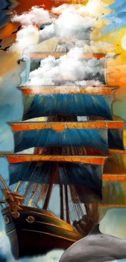 Surreal artwork of a sailing ship amidst clouds with vibrant colors.