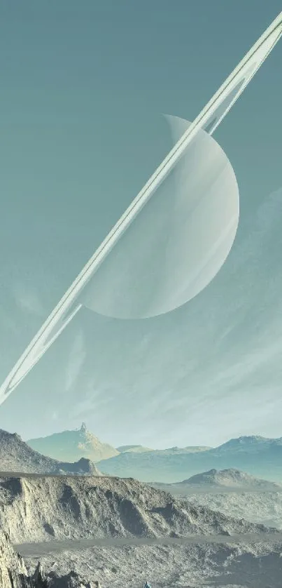 Surreal Saturn landscape with rings in a tranquil mobile wallpaper.