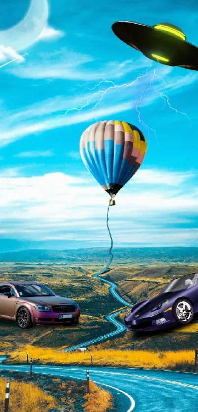 Surreal scene with UFO, cars, a balloon, and a winding road under a moonlit sky.