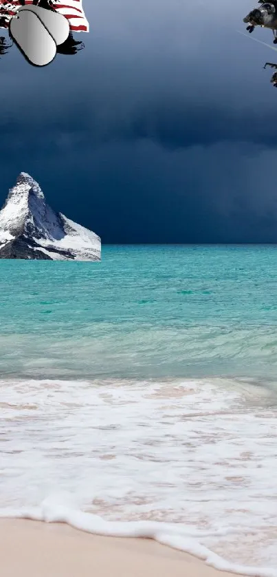 Surreal beach, iceberg, and helicopters under a dramatic sky.