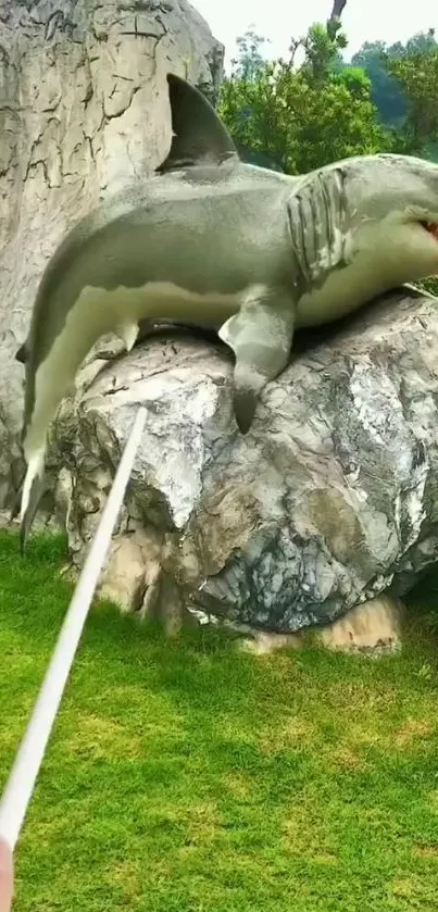 Surreal shark on rock in a grassy landscape art.