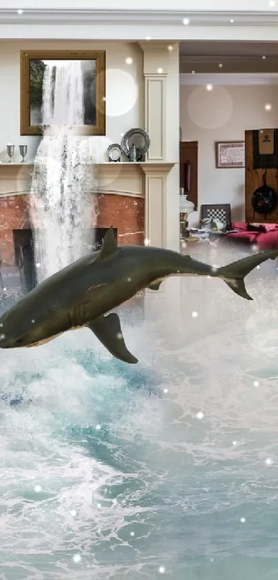 Shark swimming in a surreal living room scene with water.