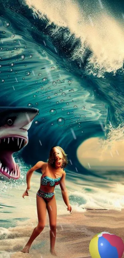 Surreal wallpaper of a shark in a large wave with a beach scene.