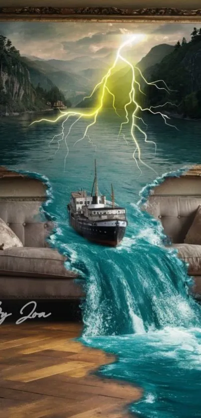 A ship sails out of a painting into a living room, creating a surreal scene.