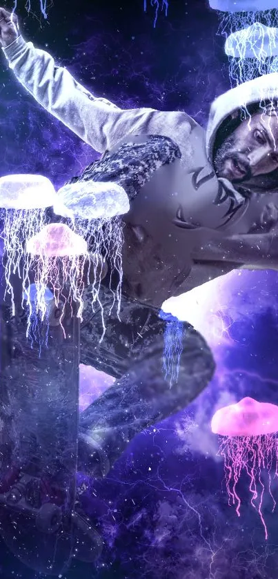 Surreal skateboarding amidst glowing jellyfish in a dreamy purple atmosphere.