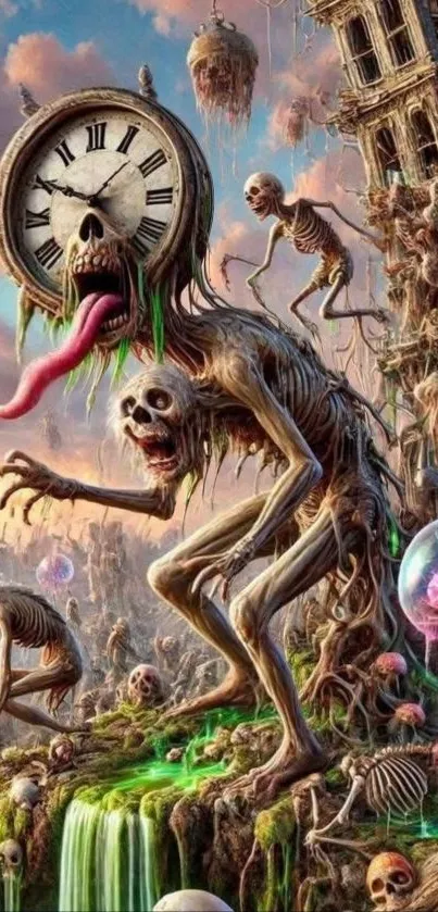 Surreal fantasy art with skeletal creatures and clock face monster.