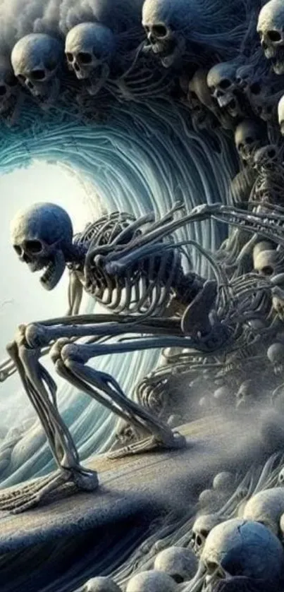 Skeletons forming a surreal wave on mobile wallpaper.