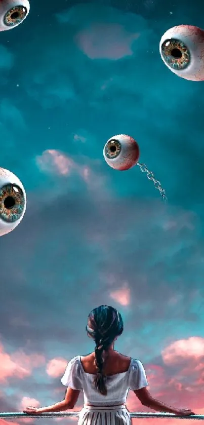 Surreal sky with chained eyeballs and a figure gazing at clouds.