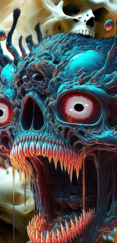 Surreal skull wallpaper with blue tones and fiery accents.